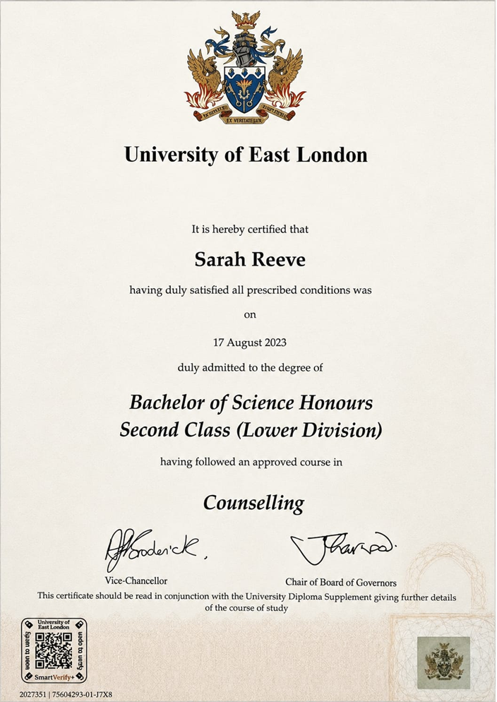 BSc (Hons) Counselling degree certificate