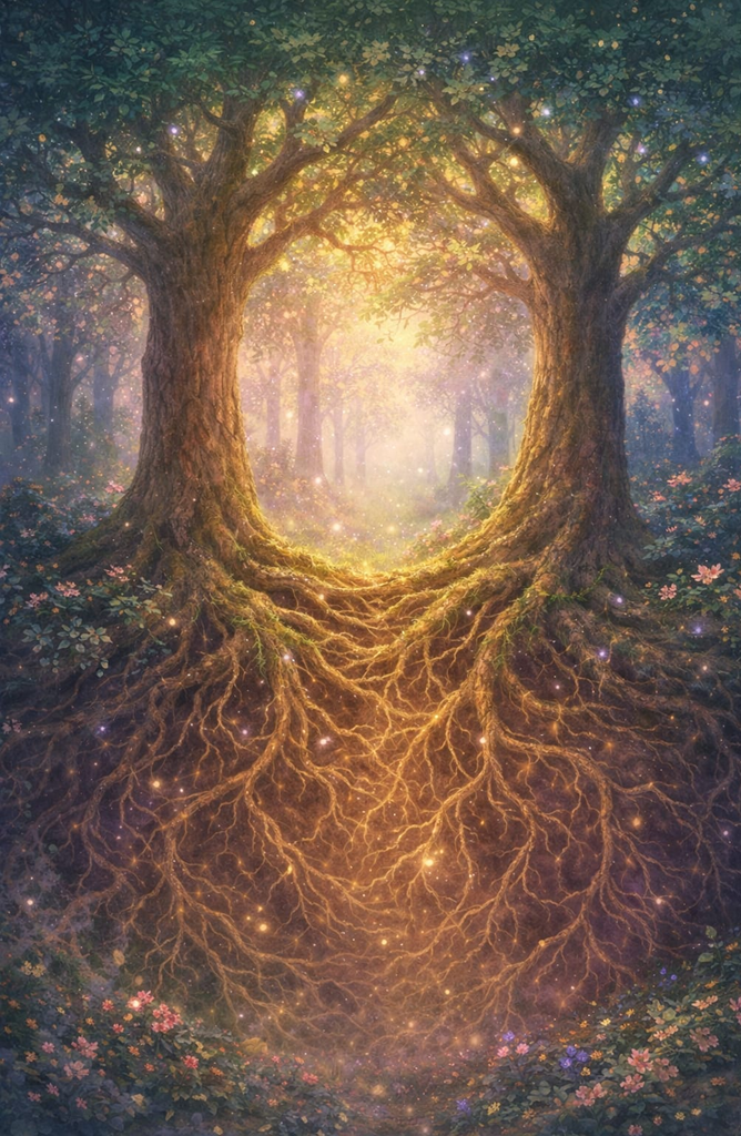 Two trees with intertwined glowing roots in a peaceful forest