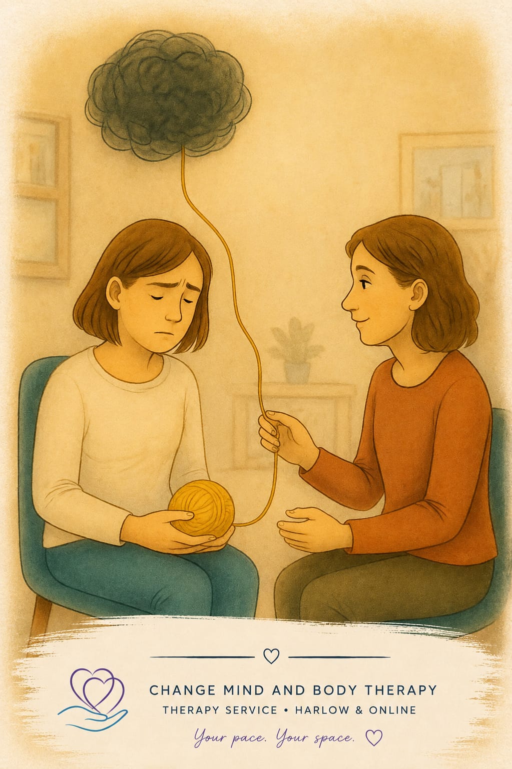 Illustration of two people with a shared thread of yarn representing therapy