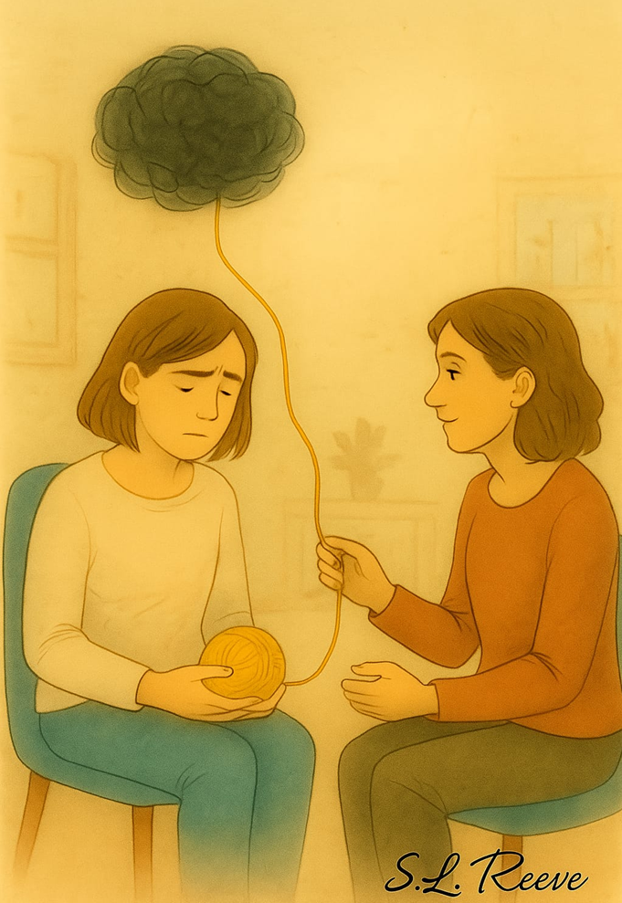 Illustration of two people with a shared thread of yarn representing therapy