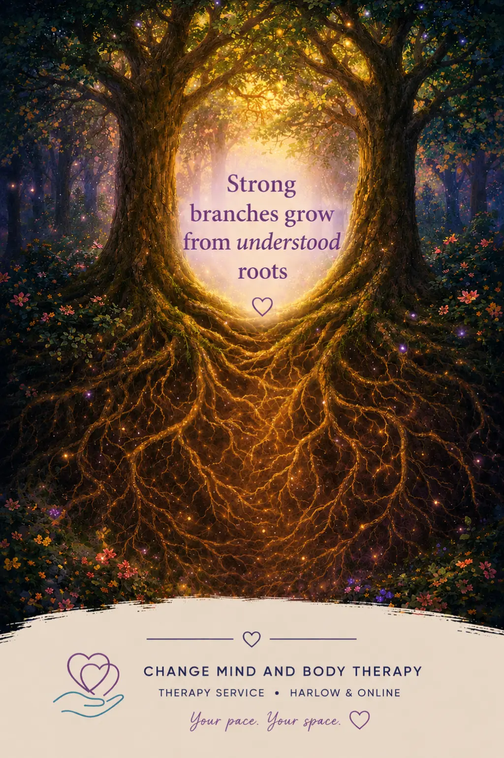 Two trees with intertwined glowing roots in a peaceful forest